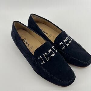 Sioux Moc Toe Handmade Leather Loafers Womens UK5.5/US8 Navy Blue Silver Buckle